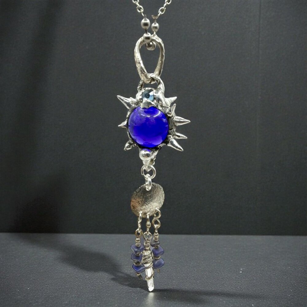 Flail Pendant W/ Vintage Cobalt Glass Marble Quartz Lapis Lazuli Artisan Crafted